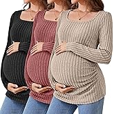 Ficerd 3 Pack Women's Maternity Tops, Long Sleeve Pregnancy Sweaters Scoop Neck Ribbed Knit Casual Pregnant Tee Shirts