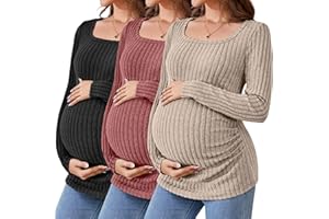 Ficerd 3 Pack Women's Maternity Tops, Long Sleeve Pregnancy Sweaters Scoop Neck Ribbed Knit Casual Pregnant Tee Shirts