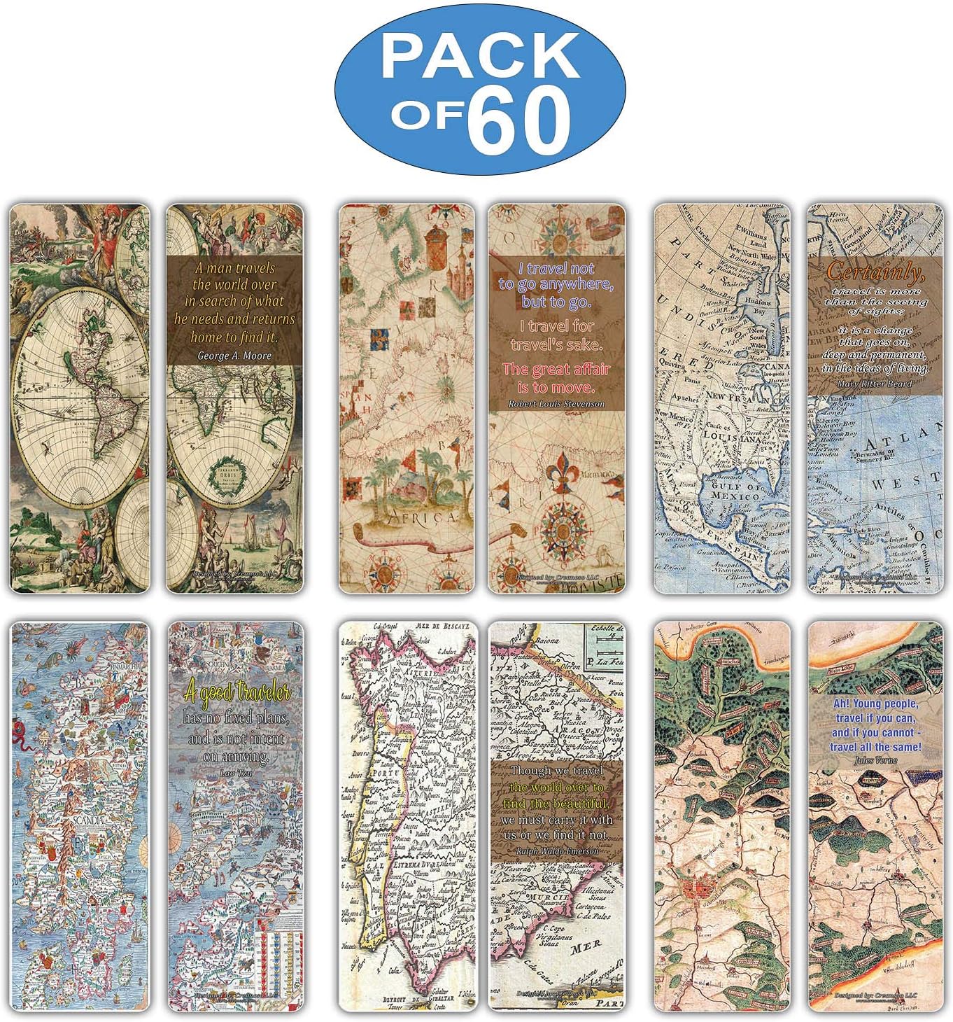Creanoso Antique Map Travelers Quote Saying Premium Bookmarks (60-Pack), Road Trip Travel Readers Reading Gifts - Image 3