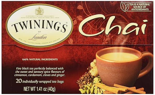 TWININGS CHAI BLACK TEA INDIVIDUALLY WRAPPED BAGS, 20 COUNT (PACK OF 1), SWEET, SAVOURY SPICES, CAFFEINATED, ENJOY HOT OR ICED, 20 TEABAGS