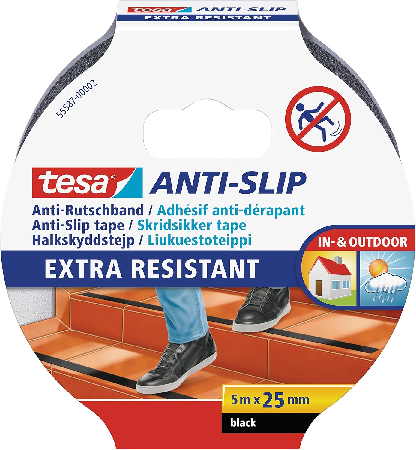 tesa UK Anti-Slip Tape - Non-Slip Adhesive Tape for Indoor and Outdoor Use - for Stairs Ladders and Smooth Floors - Black - 5 m x 25 mm