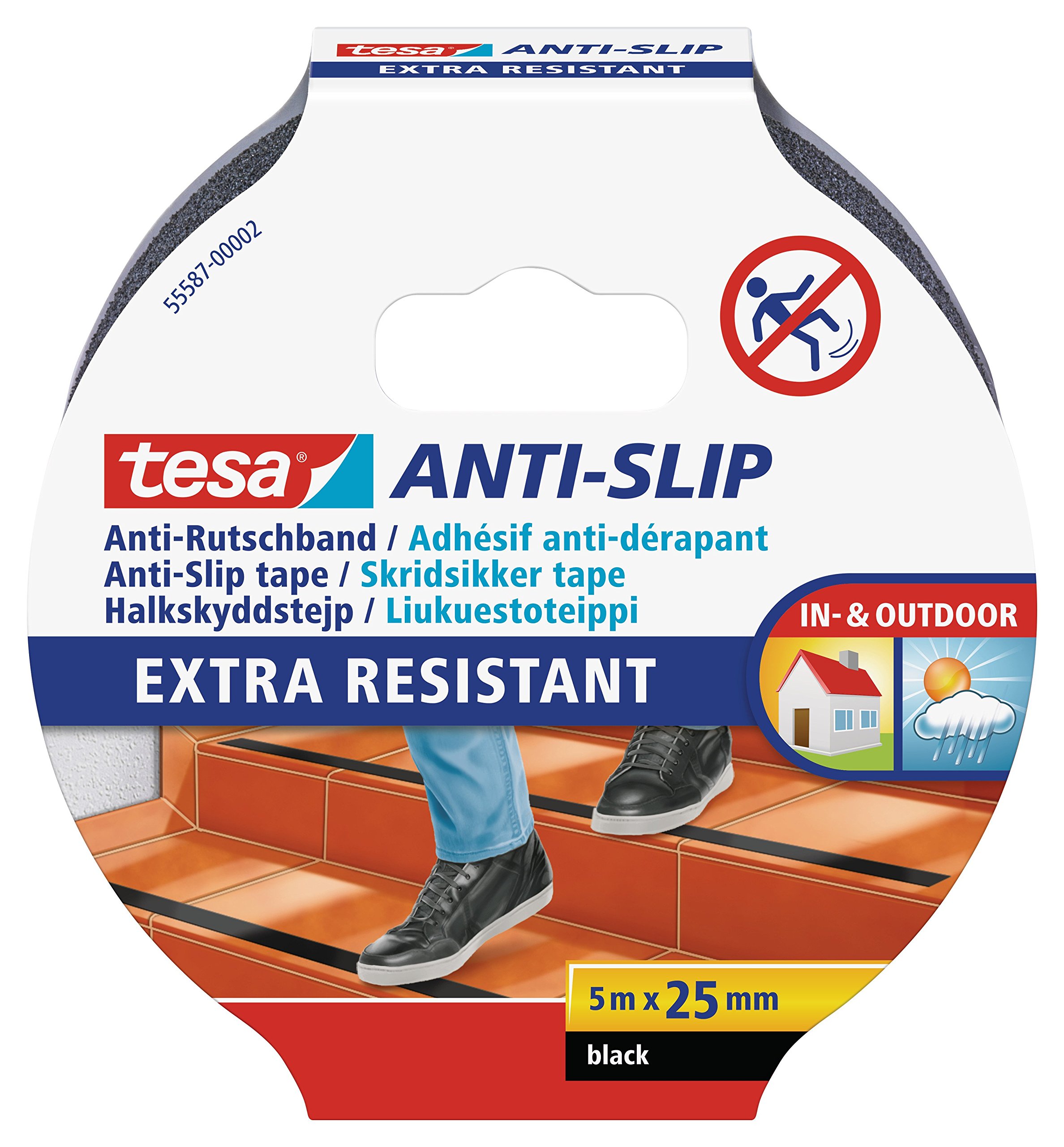 tesa UK Anti-Slip Tape - Non-Slip Adhesive Tape for Indoor and Outdoor Use - for Stairs, Ladders and Smooth Floors - Black - 5 m x 25 mm