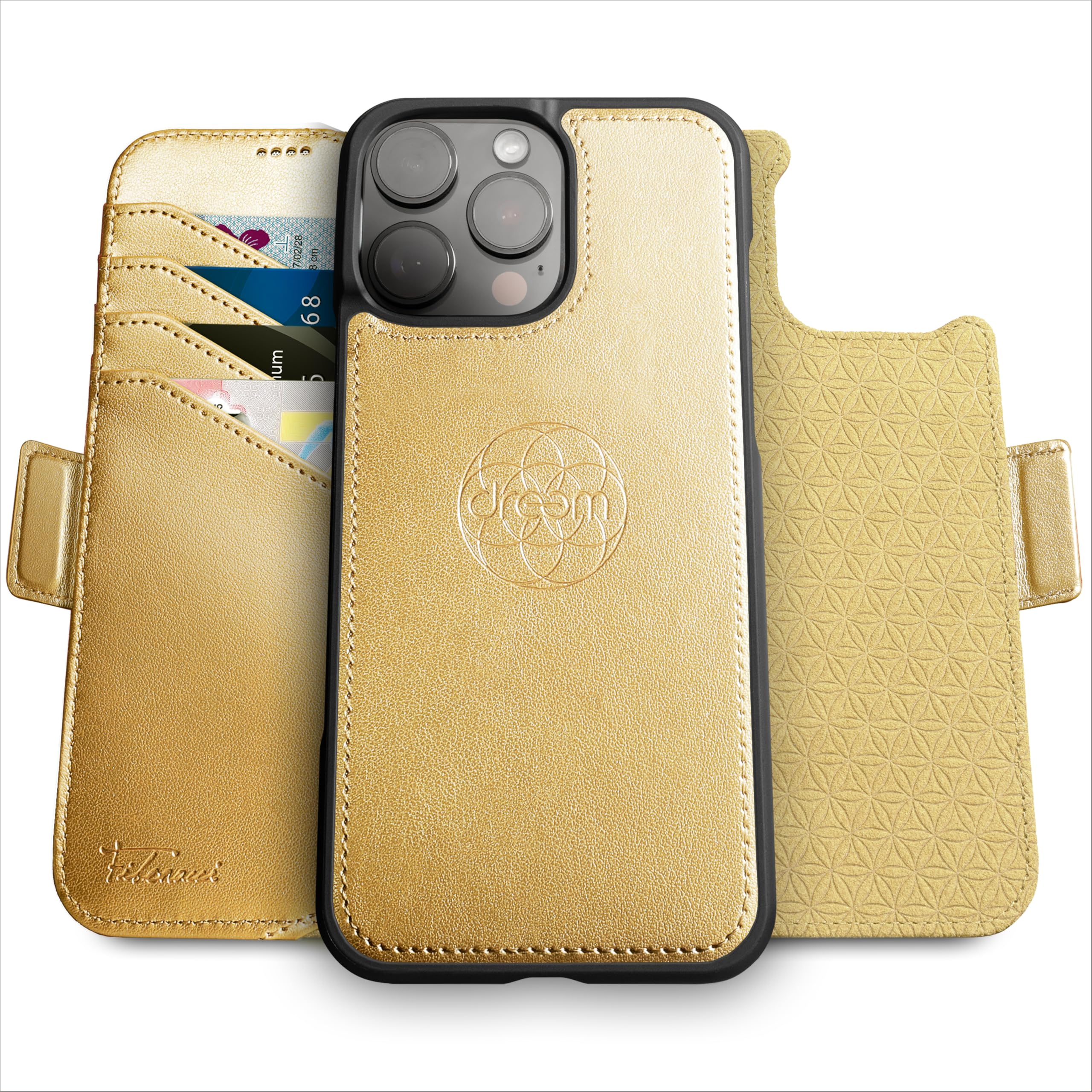 dreem Wallet Case for iPhone 16 Pro, Revolutionary Vert/Hor Phone Stand, Magnetic Detachable Vegan Leather Flip Cover RFID Blocking Card Holder, MagSafe-Fit, Gift Box [Fibonacci: Gold]