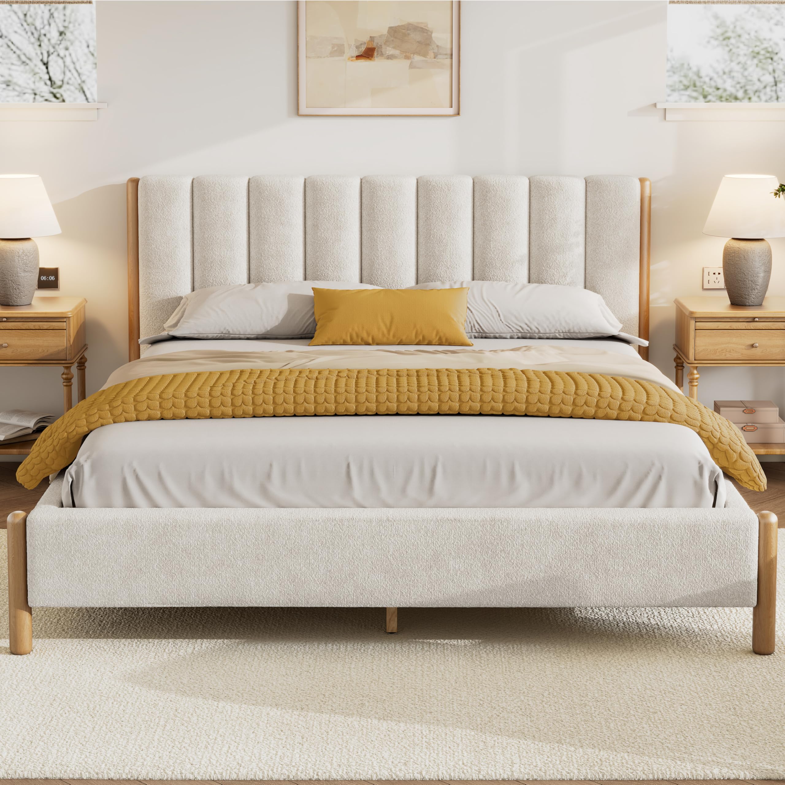 Photo 1 of ***FOR PARTS ONLY/ NON-FUNCTIONAL*** Christopher Knight Home Llanett Queen Size Bed Frame, Boucle Fabric Upholstered Platform Bed with Vertical Stitching Headboard, Wooden Support and Slats, No Box Spring Needed, Easy Assembly, White