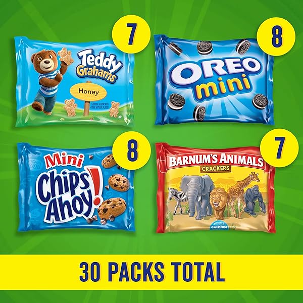NABISCO TEAM FAVORITES VARIETY PACK, OREO MINI, CHIPS AHOY! MINI, TEDDY GRAHAMS HONEY & BARNUM’S ANIMAL CRACKERS, 30 SNACK PACKS