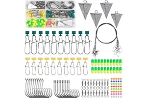 JOGFFDE 129pcs Surf Fishing Tackle Kit Fish Finder Rig Saltwater Surf Fishing Rigs Include Pyramid Sinker Weights Sinker Slider Fishing Leaders Hooks Swivels Beads Foam Floats Surf Fishing Accessories