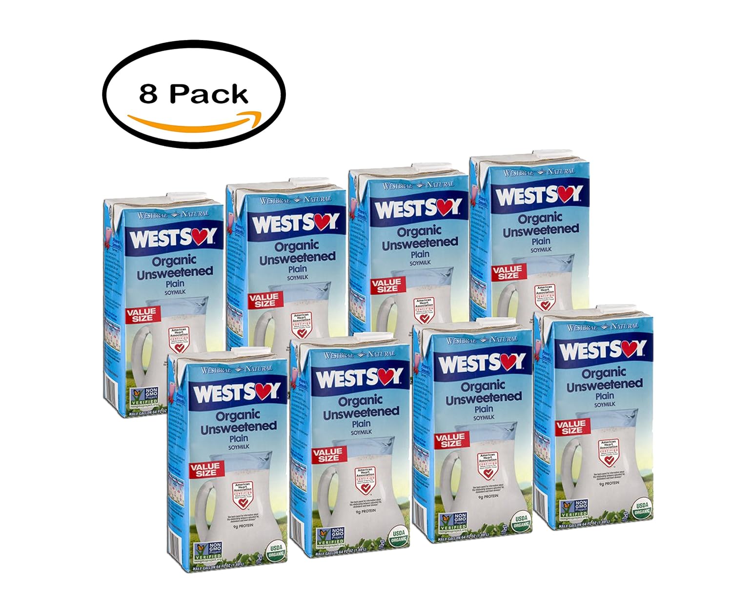 PACK OF 8 West Soy Organic Unsweetened Soymilk, 65 Fl oz