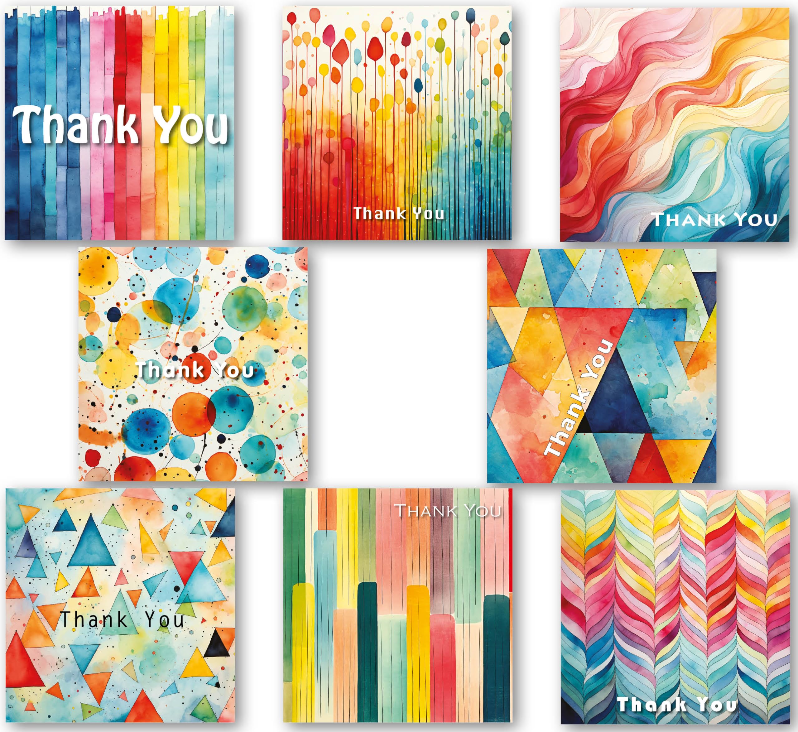 Thank You Cards Multipack of 24. Each Greeting Cards Pack Includes 8 Colourful Designs. 115 x 115mm. Blank Inside. Envelopes Included. Made in UK.