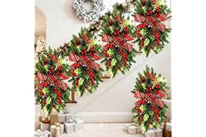 Lyrow 4 Pcs Christmas Artificial Swags 24" Xmas Stairway Swag Teardrop Trim Red Green Grid Christmas Staircase Decoration Garland for Indoor Outdoor Railing Decor(Red Green)