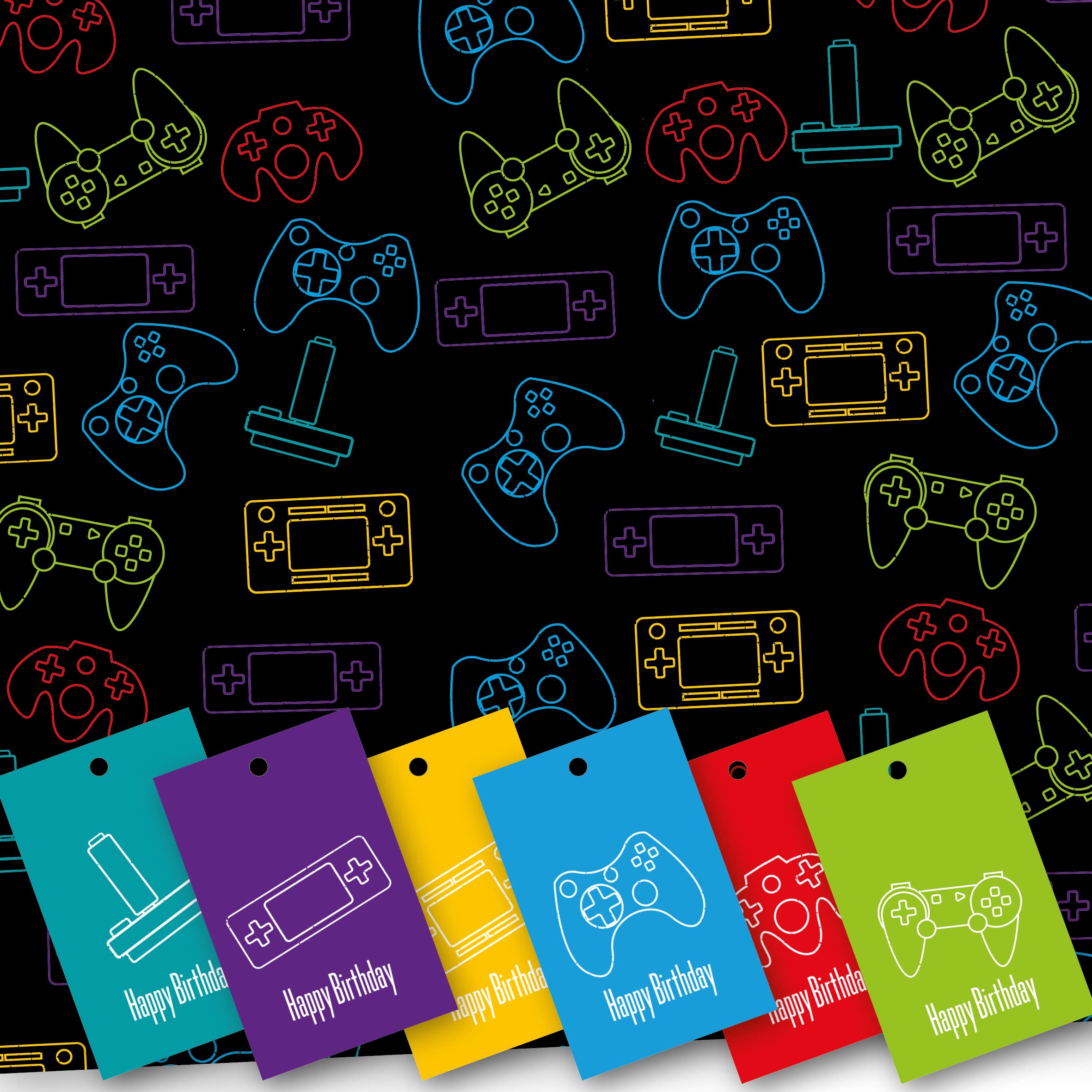 Happy Birthday Wrapping Paper. Game Controller Design. 5 XL Sheets (50 x 70cm). Boys Gaming. Gift Wrap with Matching Tags. Cutting Grid on Reverse.