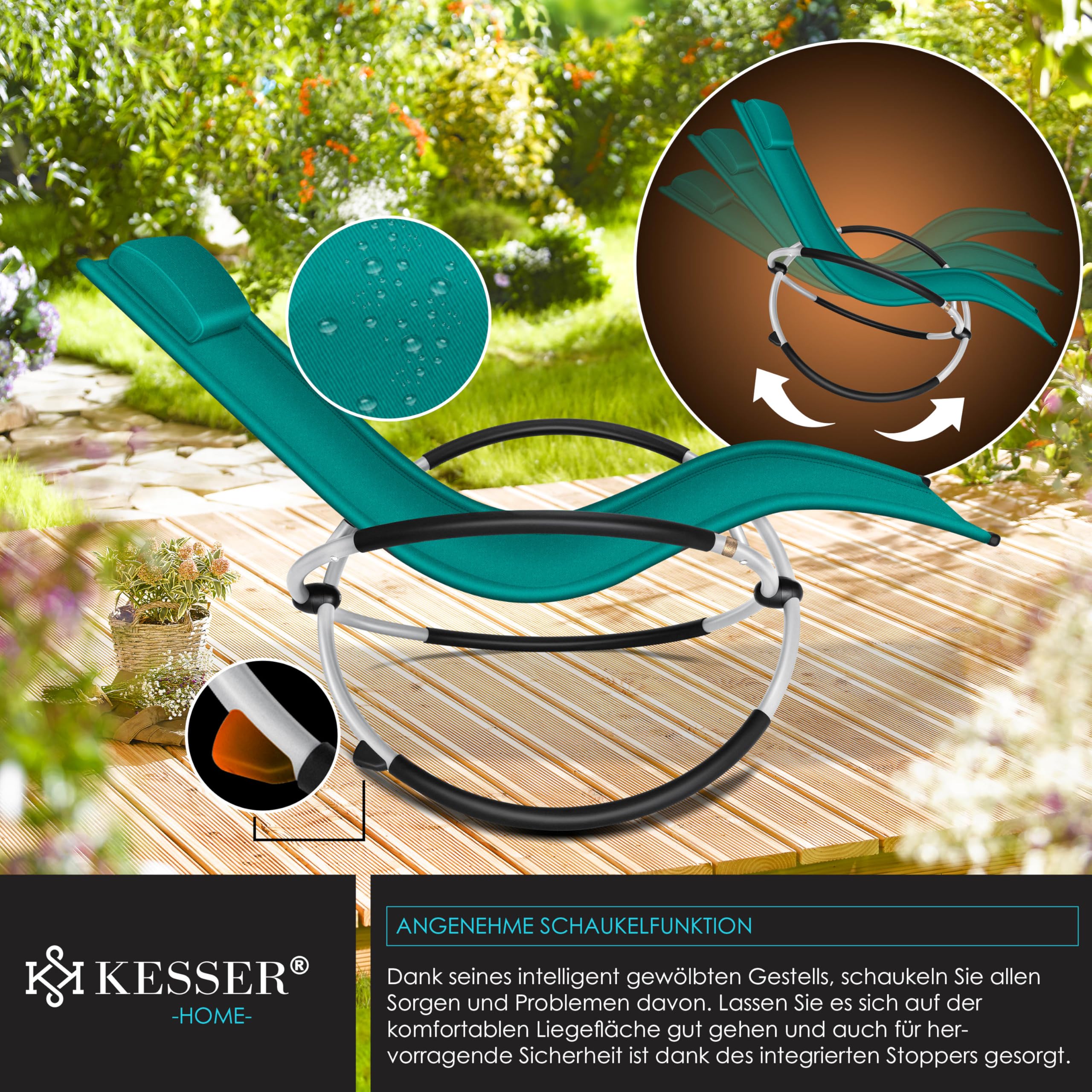 KESSER® Relaxliege Liegestuhl | Gartenliege Sonnenliege | Gartenstuhl | Klappstuhl faltbar | Schwungliege | Schaukelsessel | ergonomische Relaxsessel | wetterfest | 180 kg Belastung, Petrol Grün 4