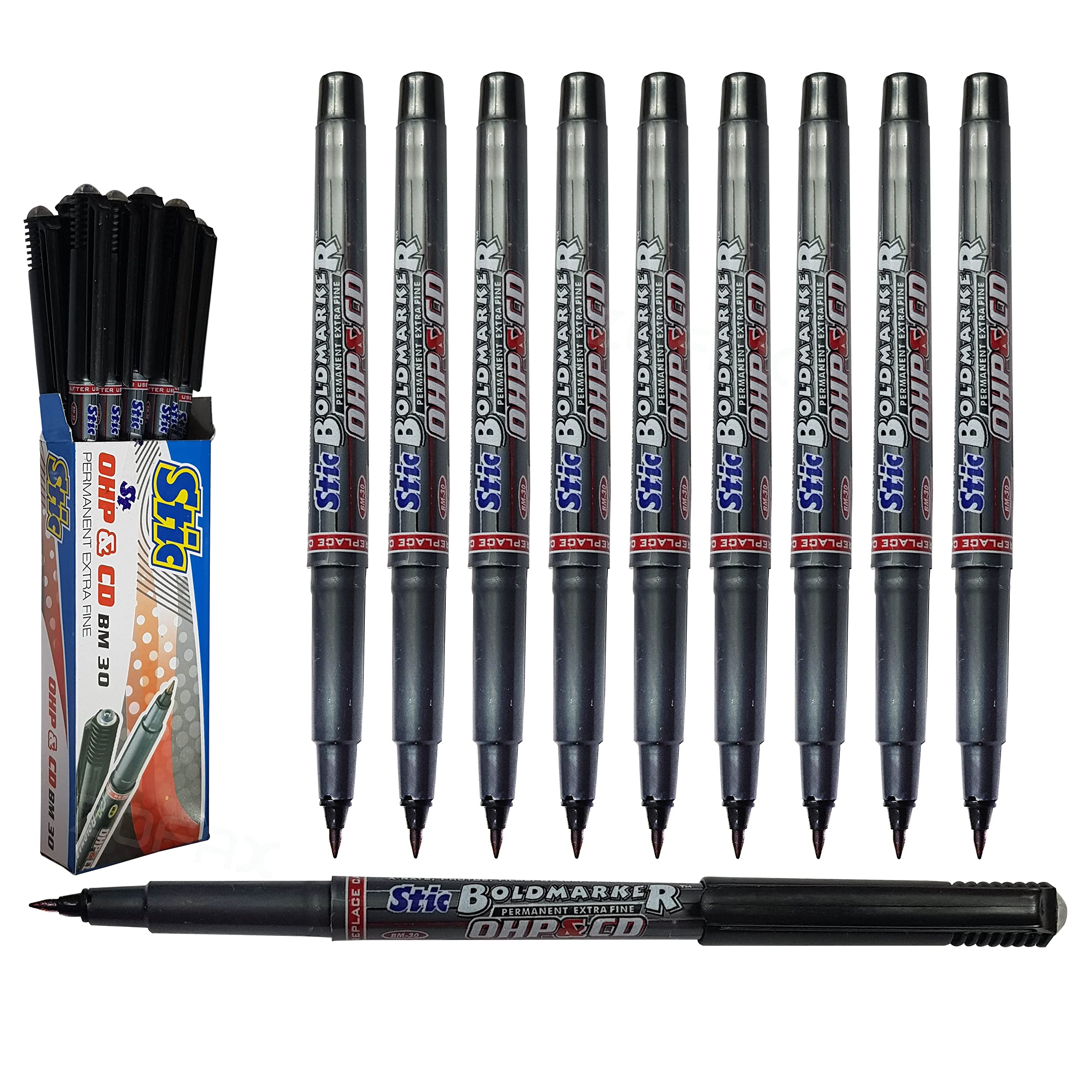 BM30 Permanent Markers, BLACK, Extra Fine Point, Pack of 10, CD/DVD/OHP Marker Pens, Mark Write Draw Sketch, Waterproof Ink, iZOFAX Black Ball Pen
