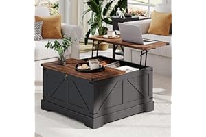 ChooChoo Farmhouse Coffee Table with Hidden Storage, Large Square Center Coffee Tables with Lifting Top and Flip Drawer, Wood