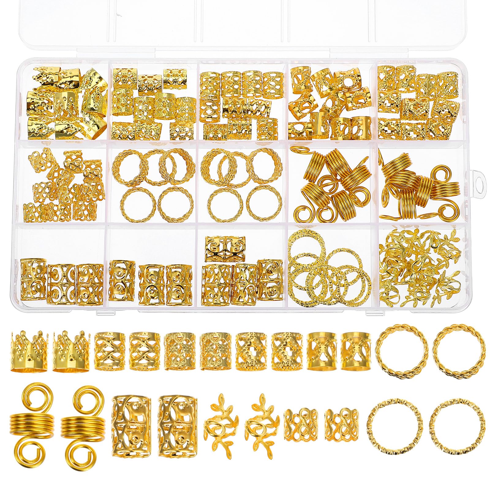 Oruola 110pcs HairJewellery for Braids,Gold Hair Cuffs,11 Different Shapes Gold Hair Accessories Beads Cuffs Charms Rings for Girl Women Men Braids Decoration Party Music Festival