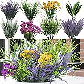 Green Moon 25 Bundles Fake Plants Outdoor with Artificial Lavender Flower UV Resistant Faux Greenery Plants for Home Planter Garden Patio Front Porch Yard Decor
