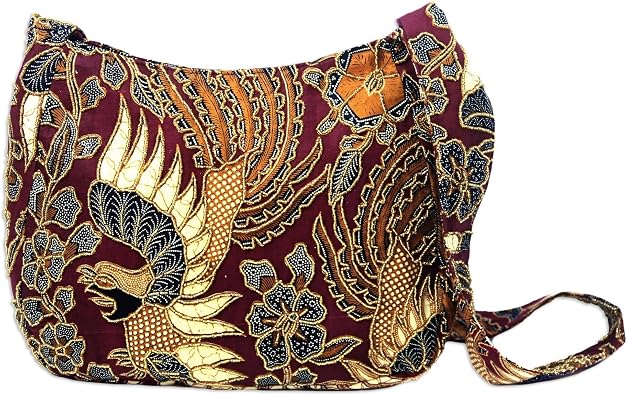 NOVICA Red Hand Beaded Cotton Batik Shoulder Bag, King’s Bird’