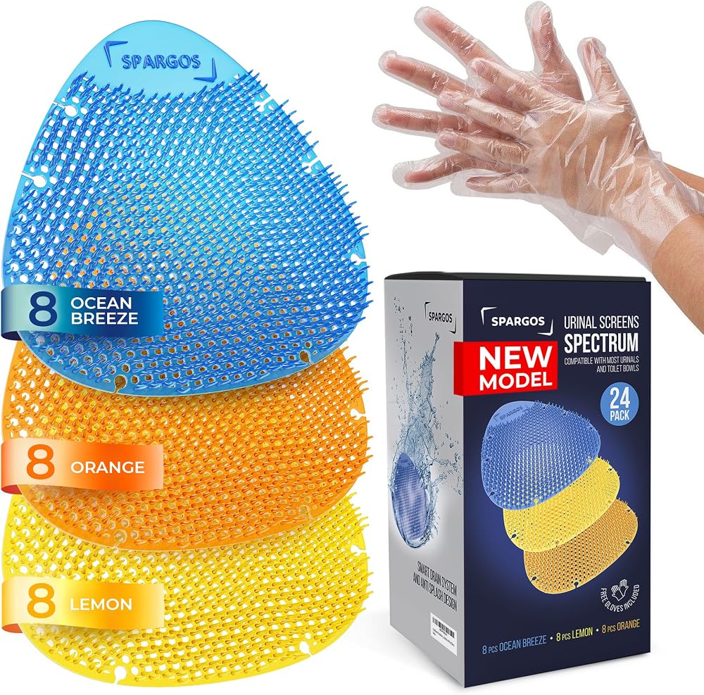 SPARGOS Urinal Sieve Air Freshener Pack 24 with Gloves Blue Yellow Orange