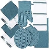 Sticky Toffee 9-Piece Kitchen Set – Blue 100% Cotton Terry Dish Towels, Dishcloths, Oven Mitts, and Pot Holders with Non-Slip Silicone, Oeko-Tex Certified