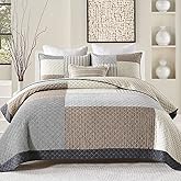 DUOHONG Quilts Queen Size - Queen Quilt Bedspread, 100% Cotton Patchwork Quilt Bedding Set for Queen Bed, 3 Pieces Plaid Farmhouse Reversible Rustic Lightweight Comforter Spread, Brown/Beige/Gray