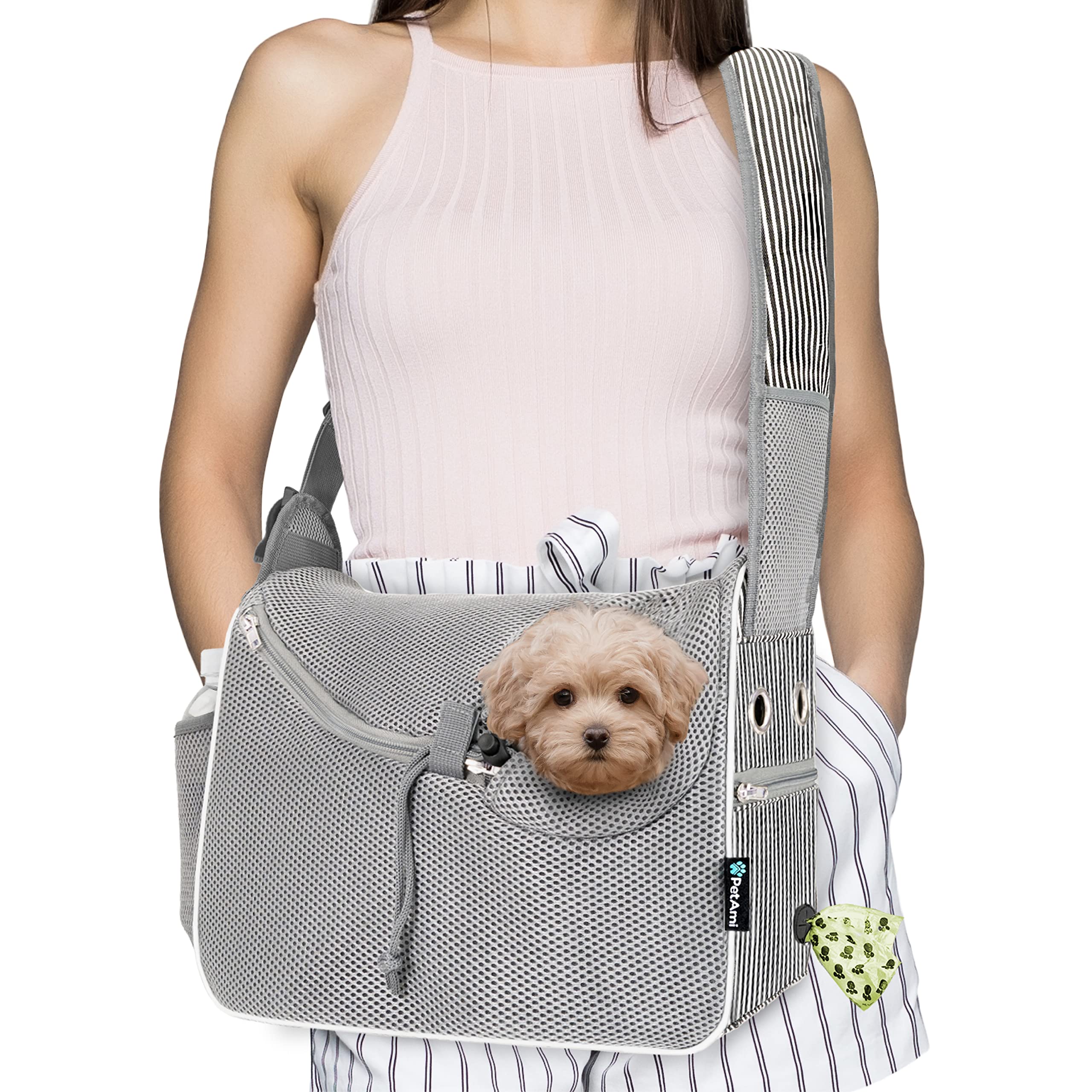 Photo 1 of PetAmi Small Dog Sling Carrier, Soft-Sided Crossbody Puppy Carrying Purse Bag, Adjustable Sling Pet Pouch to Wear Medium Cat Travel, Dog Bag for Traveling, Poop Bag Dispenser, Max 10 lbs, Stripe Black