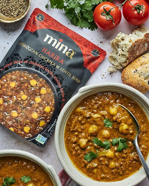 MINA HARIRA, MOROCCAN CHICKPEA & LENTIL SOUP, READY TO EAT MEALS,10 OZ GLUTEN FREE, HIGH IN PLANT BASED PROTEIN, MICROWAVABLE SOUP, VEGAN, NON-GMO, KOSHER, PACKAGED MEALS & SIDE DISHES