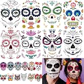 20 Sheets Day of the Dead Face Sugar Skull Tattoos,Including 8 Large Sheets Halloween Temporary Face Tattoos, Halloween Sugar Skull Face Tattoos
