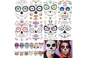ZOMME 20 Sheets Day of the Dead Face Sugar Skull Tattoos,Including 8 Large Sheets Halloween Temporary Face Tattoos, Halloween Sugar Skull Face Tattoos