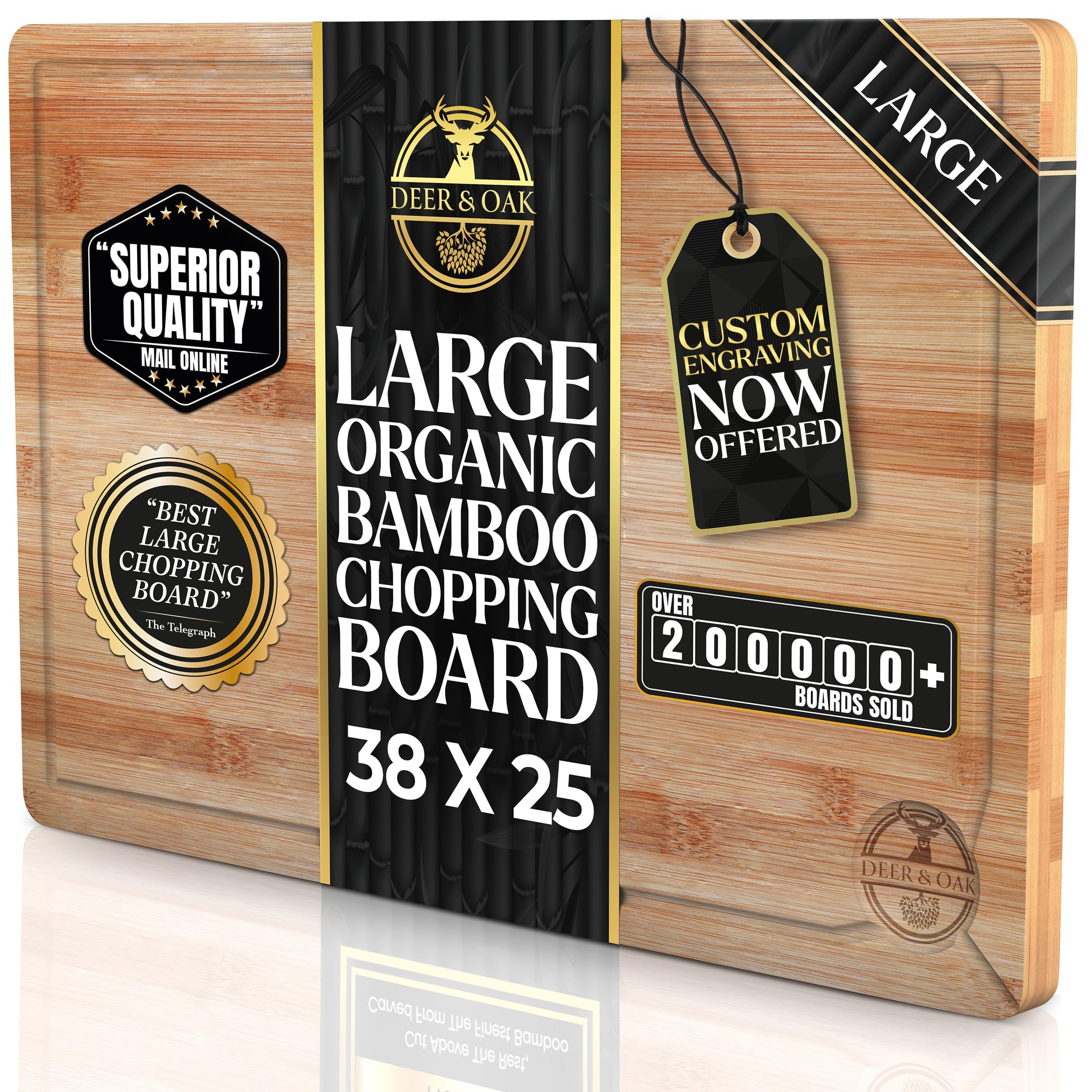 Deer & Oak - Large Cutting Board 38 x 25 x 2cm, Pre-Oiled Wooden Bamboo Chopping Board for Carving Meat, Fish, Vegetables, Fruits, Cheese, Bread