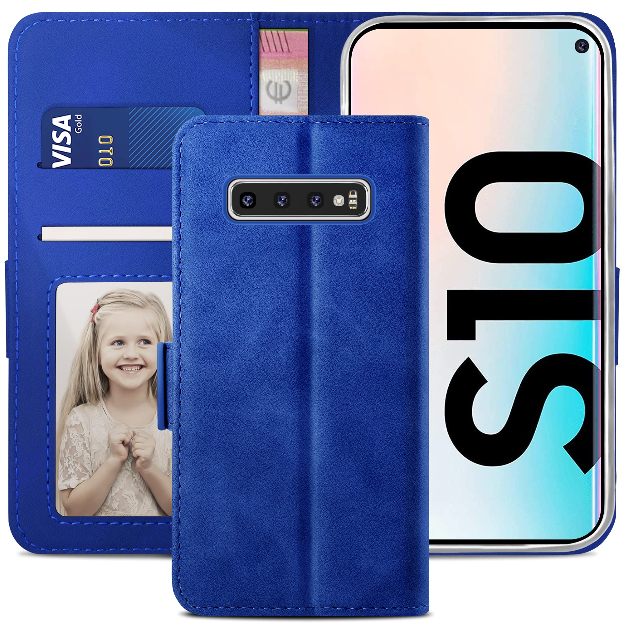 YATWIN Compatible with Samsung Galaxy S10 Case, Flip Wallet Leather Case with Card Slot and Shockproof Function Kickstand Phone Cases Cover for Samsung S10 - Royal Blue