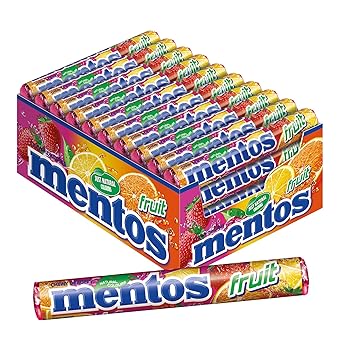 Mentos Fruit Dragees, 40 Rollen Bonbons, Frucht-Geschmack mit Orange + Zitrone + Erdbeere, Multipack Kaubonbons