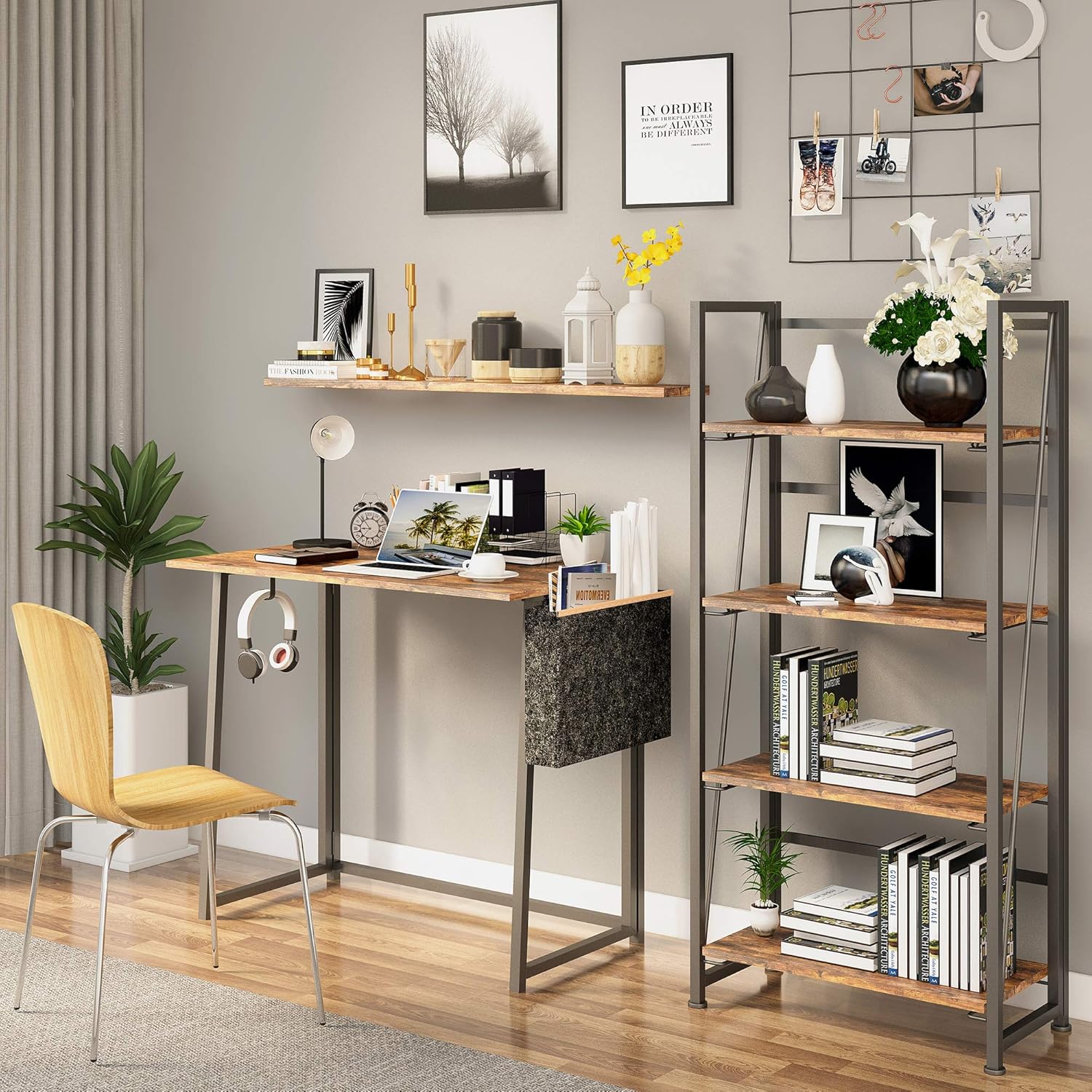 GHQME No-Assembly Folding Bookshelf Storage Shelves 4 Tiers Vintage Multifunctional Plant Flower Stand Storage Rack Shelves Bookcase for Home Office (Fire Board): Kitchen & Dining