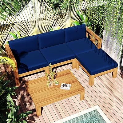 Buy Wooden Patio Furniture Sectional Sofa Sets Outdoor Furniture Couch 5 Pieces Coffee Table And Ottoman Patio Seating For Deck Porch Acacia Wood Frame Water Resistant Cushions Natural Finish Online In
