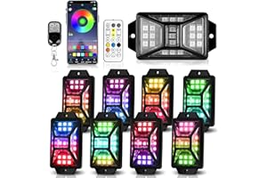 AUTO BUERO 8 Pods Full Angle RGB Rock Lights Compatible with 12V Trucks Jeep UTV SUV ATV Boat Golf Cart, Waterproof, Multi-Color,Brake Light, App/Remote Control Led Rock Lights with Music Mode