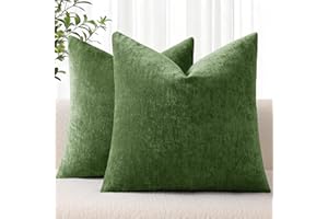 decorUhome Chenille Moss Green Spring Throw Pillow Covers 18x18 Inch Set of 2, Decorative Soft Couch Pillow Covers Solid Dyed Accent Farmhouse Neutral Square Pillow Cases for Sofa