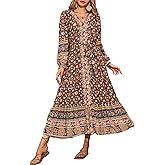 Umimore Womens V Neck Bohemian Floral Midi Dress Button-Down Front Detachable Belt Casual Flowy Vacation Summer Dresses