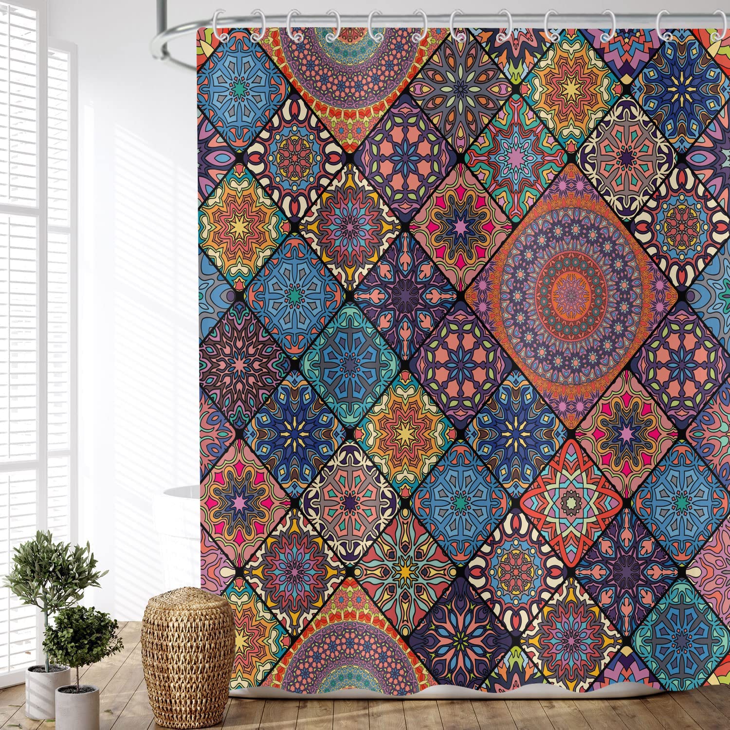 ASDCXZ Shower Curtain Boho 180x200 cm, Retro Boho Geometry Datura Colorful Motif Waterproof Textile Bath Shower Curtains Washable Polyester Fabric Shower Curtain for Bathtub with 12 Hooks