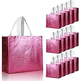 cabzymx 16 Pcs Pink Reusable Gift Bags, Metallic Bling Design Holiday Gift Bag with Handles & Bases, Non-woven Goodie Bag Bulk for Birthday, Wedding, Parties, Graduation- 12.6x4.7x11 In