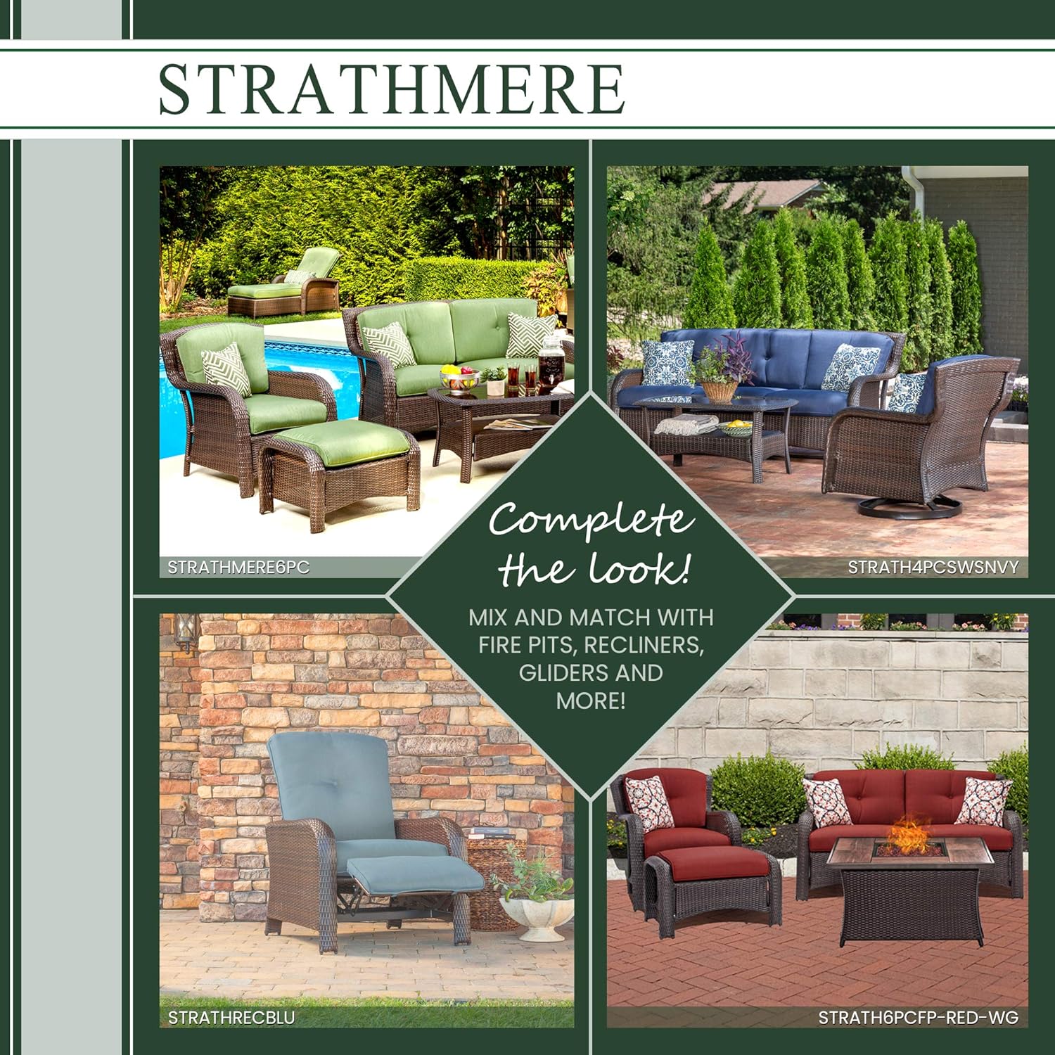 Hanover Strathmere 6-Piece Outdoor Patio Conversation Set, 2 Side Chairs with Ottomans, Loveseat and Tempered Glass Coffee Table, with Hand-Woven Wicker and Thick Cilantro Green Cushions, STRATHMERE6PC : Patio Loveseats : Garden & Outdoor