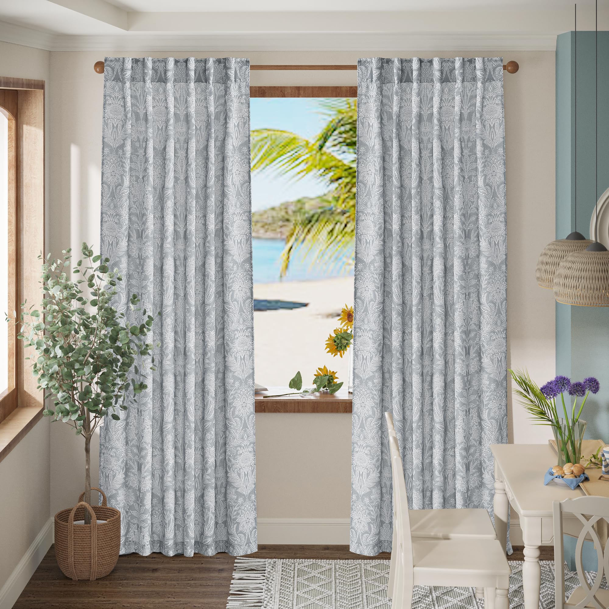 Photo 1 of RYB HOME Coastal Chic Curtains 84 inches Long, Blue Linen Blend Light Filtering Privacy Floral Sheer Curtains for Hotel Room Living Room, 2 Panels, W 52 x L 84 inches