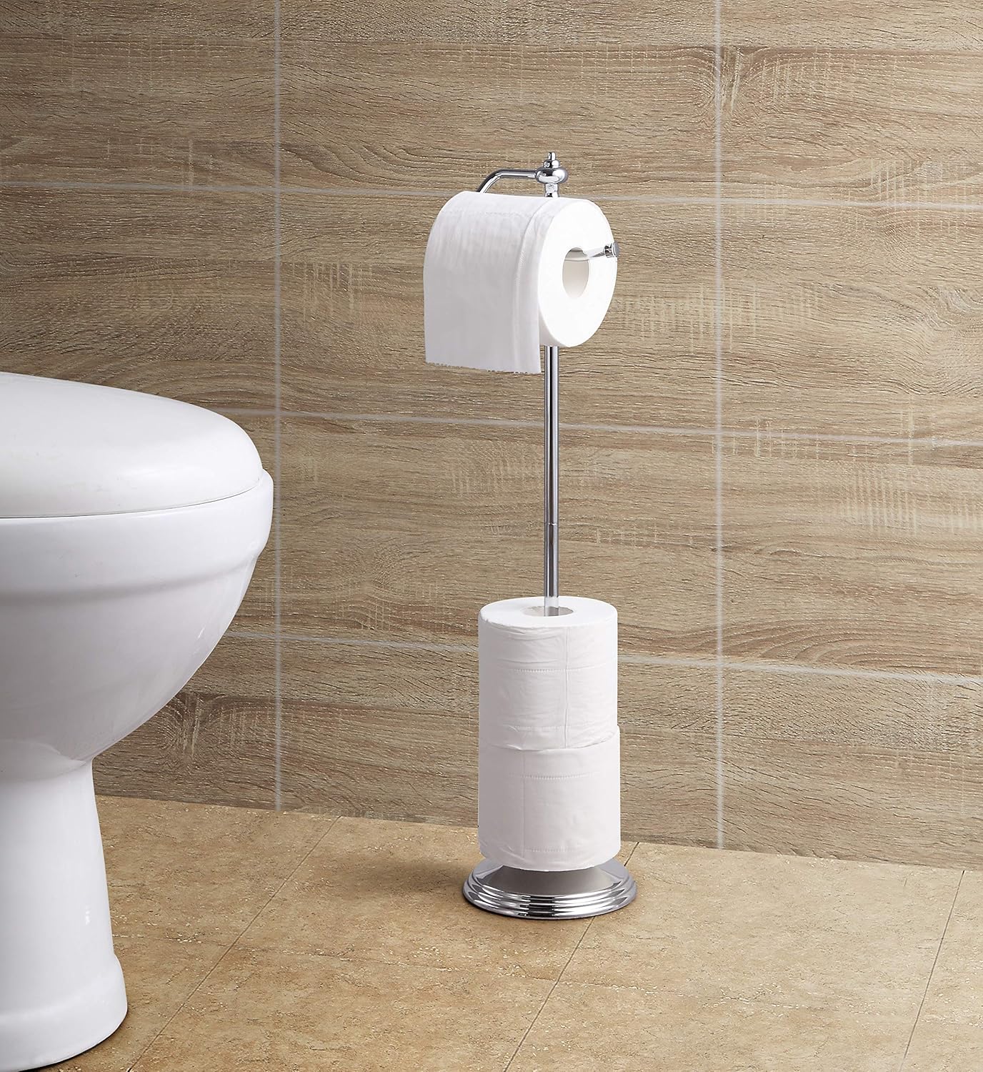 SunnyPoint Bathroom Free Standing Toilet Tissue Paper Roll Holder Stand with Reserve Function, Chrome Finish: Home & Kitchen