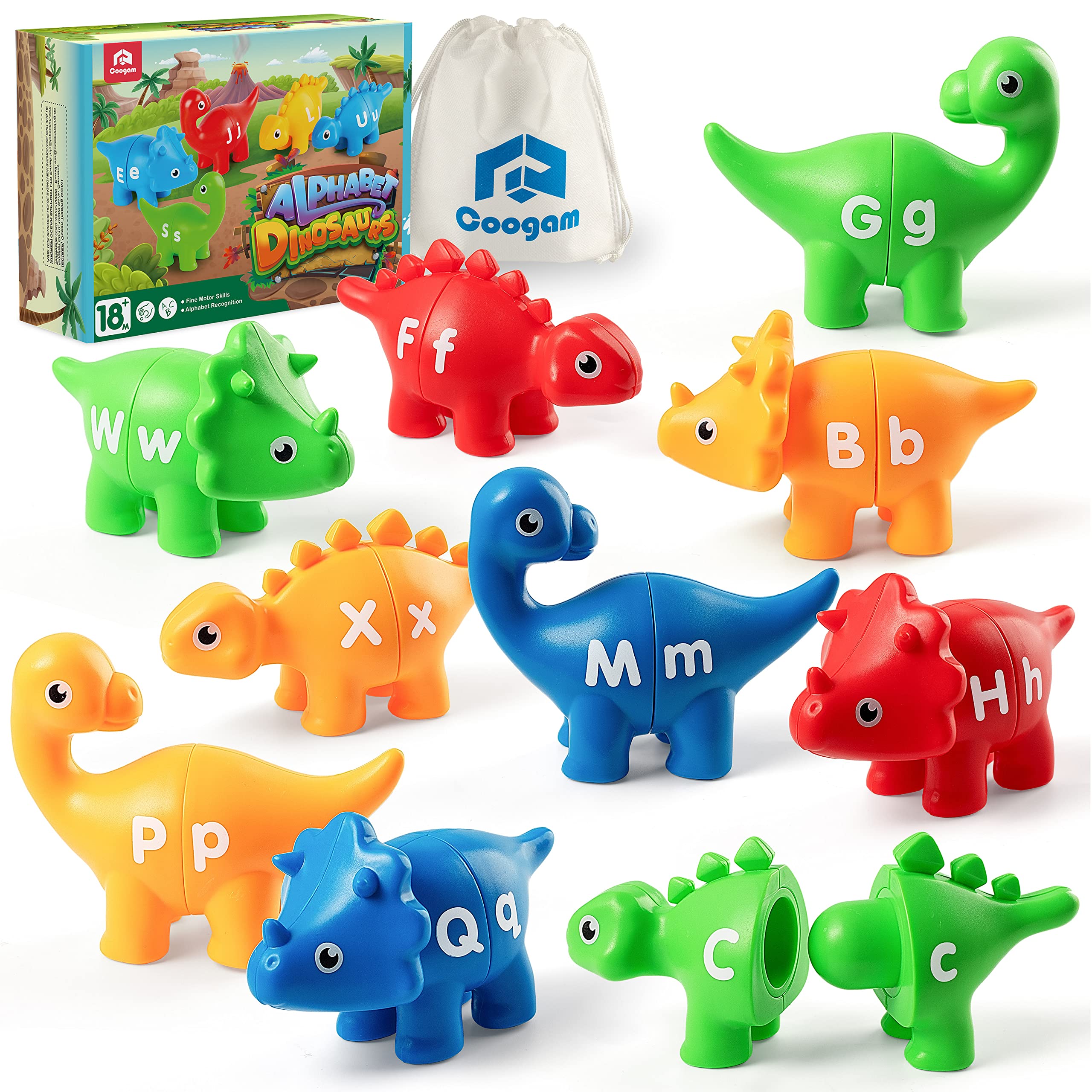 Coogam Matching Letters Fine Motor Toy, 26 PCS Double-Sided ABC Dinosaur Alphabet Match Game with Uppercase Lowercase, Preschool Educational Learning Toys for Toddlers Boys Girls