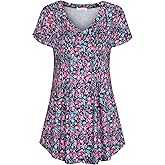 BAISHENGGT Women's Petal Short Sleeve Tunic Tops Casual V Neck Shirts Floral Pleated Summer T Shirt