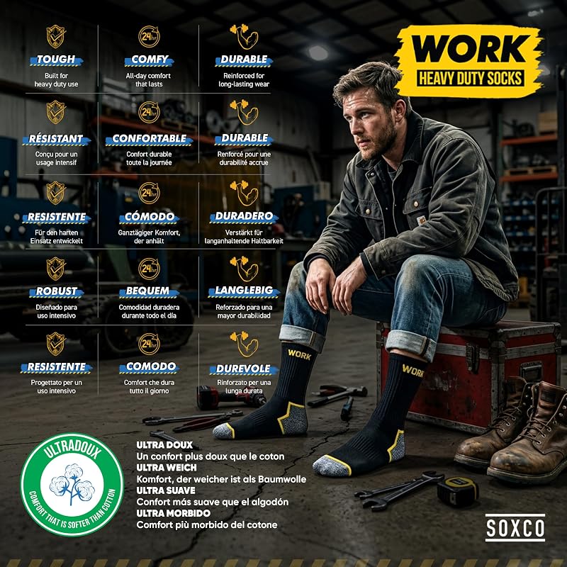 10 Paires Chaussettes de travail noires homme, mi-mollet | Technologie DRI-WIK d’évacuation de l’humidité | Talon et pointe renforcés | WORK socks lot de 10 paires, 43-46