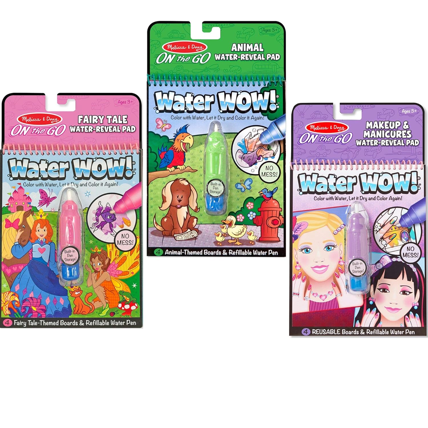 Melissa & Doug On-the-Go Water Wow! Fairy Tale, Makeup, and Animals Reusable Water-Reveal Activity Pad, Chunky-Size Water Pen, 3-Pack (Renewed)
