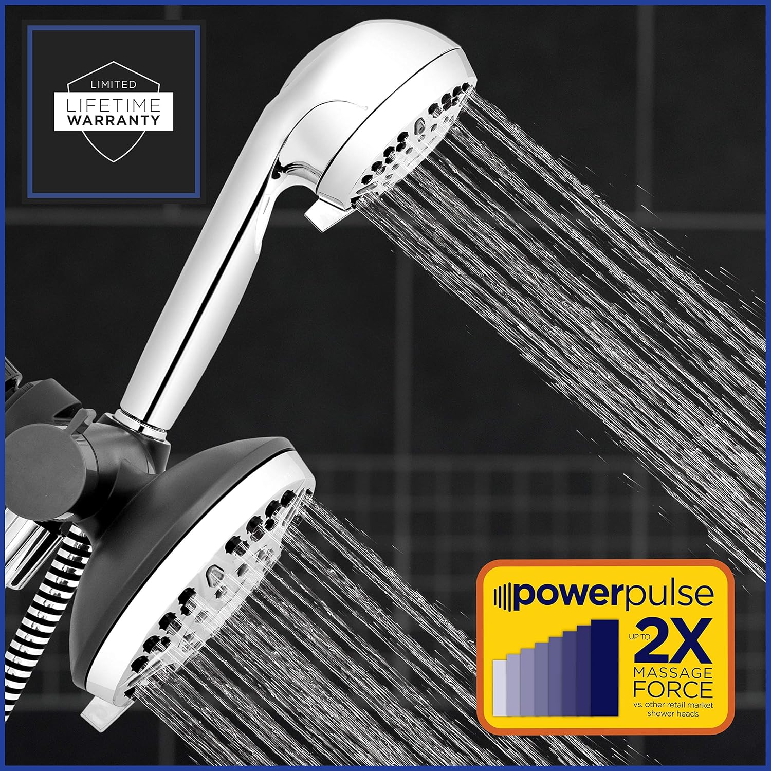 Waterpik High Pressure Shower Head Handheld Spray, 2-in-1 Dual System with 5-Foot Hose PowerPulse Therapeutic Massage, Chrome, 2.5 GPM XET-633-643 - - 