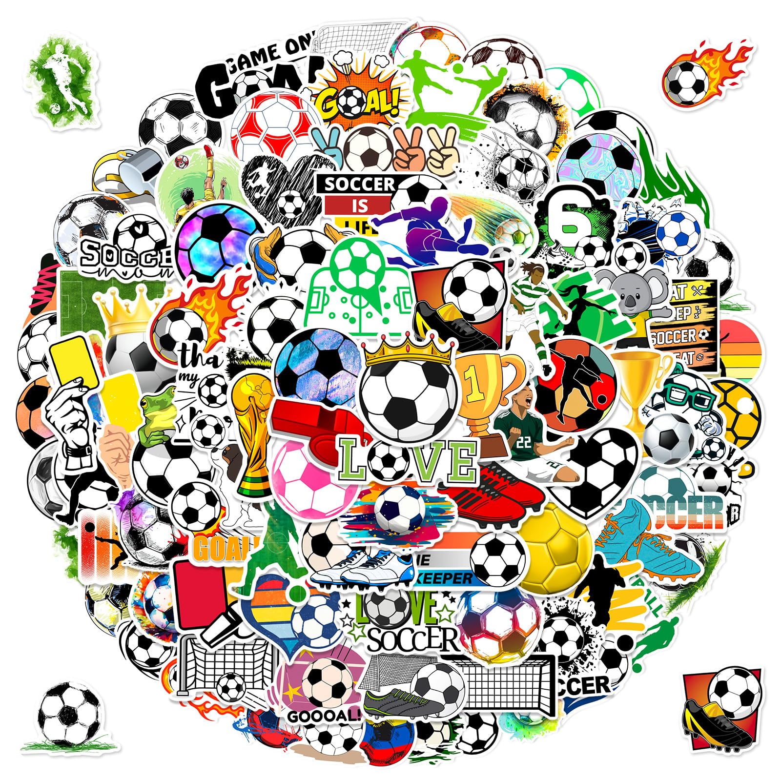 100pcs Soccer Sport Stickers for Kids, Cool Soccer Waterproof Vinyl Decal for Boy Teen Adult Water Bottle Laptop Phone Computer Skateboard Luggage Notebook