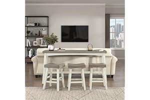 Lexicon Bar Table Set for 3, Small Kitchen Table Set Kitchen Island Table with 3 Saddle Bar Stools, 4 Piece Dining Table Set for Breakfast Nook, Living Room, Apartment, Counter Height, White/Coffee