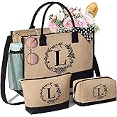 Personalized Gifts for Women Tote Bag, Initial Jute Tote Bag & Makeup Bags Monogrammed Beach Bag w/ Zipper, Birthday Valentines Day Gifts for Women Her Friends Mom Daughter Sister Girlfriend Teacher