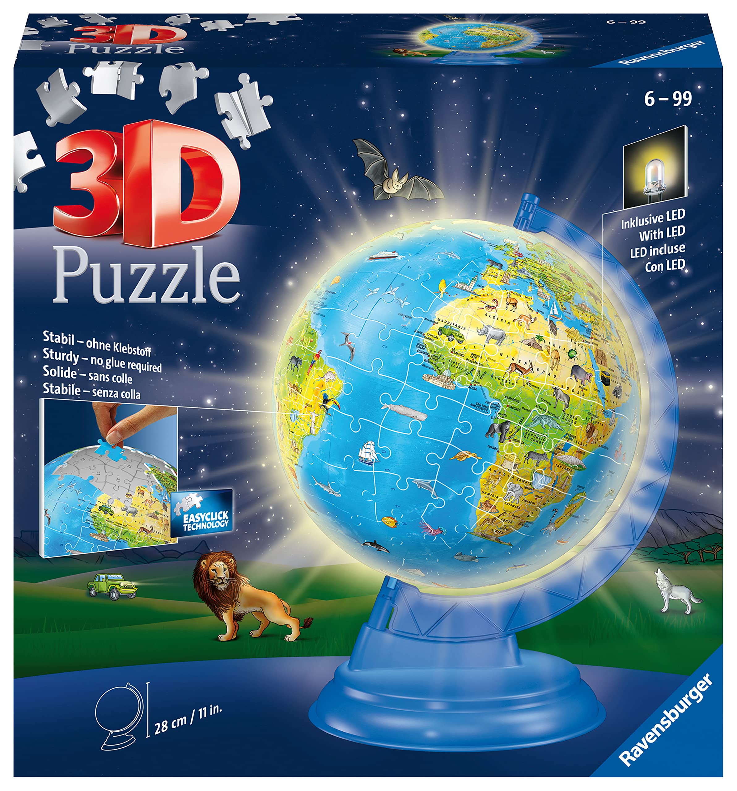 Ravensburger Light Up World Globe for Children Age 6 Years Up - 3D Jigsaw Puzzle - 180 Pieces + Accessories - No Glue Required