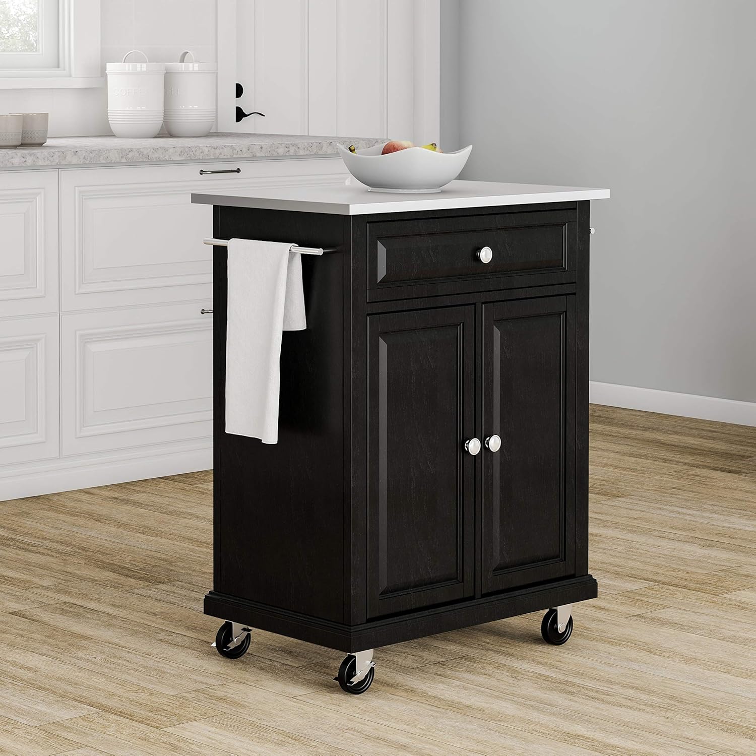 Amazon Com Black Wood And Stainless Steel Portable Kitchen Island